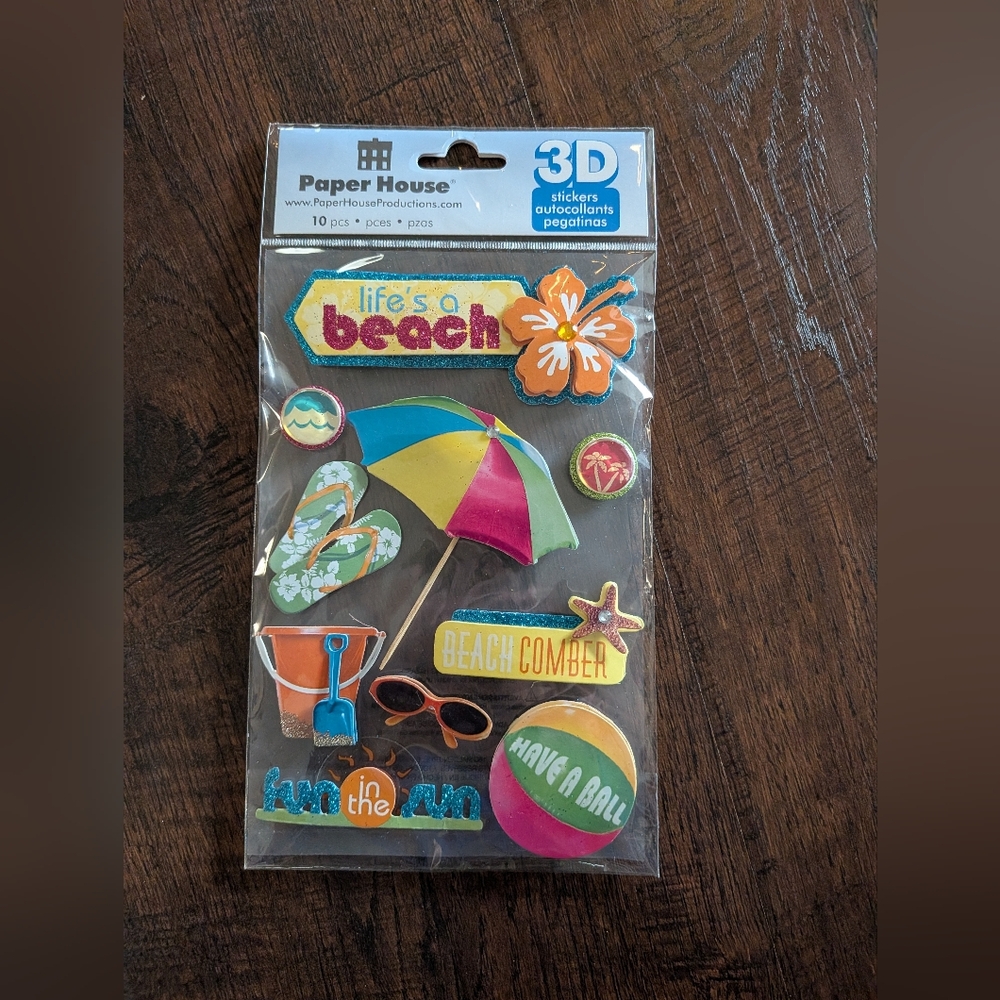 Paper House LIFE'S A BEACH Starfish Sunglasses Pail Shovel Ball 3D Stickers